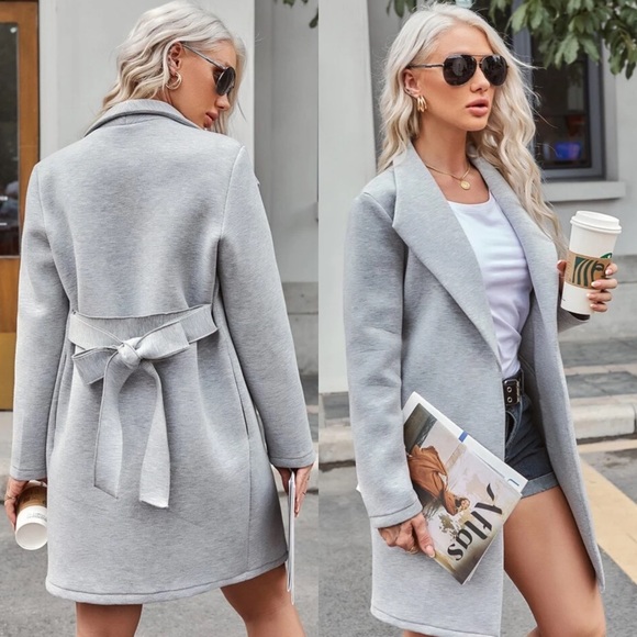 Long trench peacoat jacket belted gray grey - Picture 2 of 3